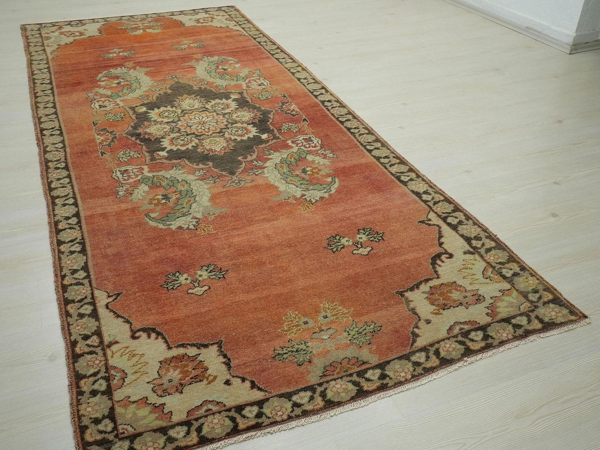 Antique Turkish Wool Rug Runner: 4.3x10 ft, Home Living Decor Anatolian Carpet.