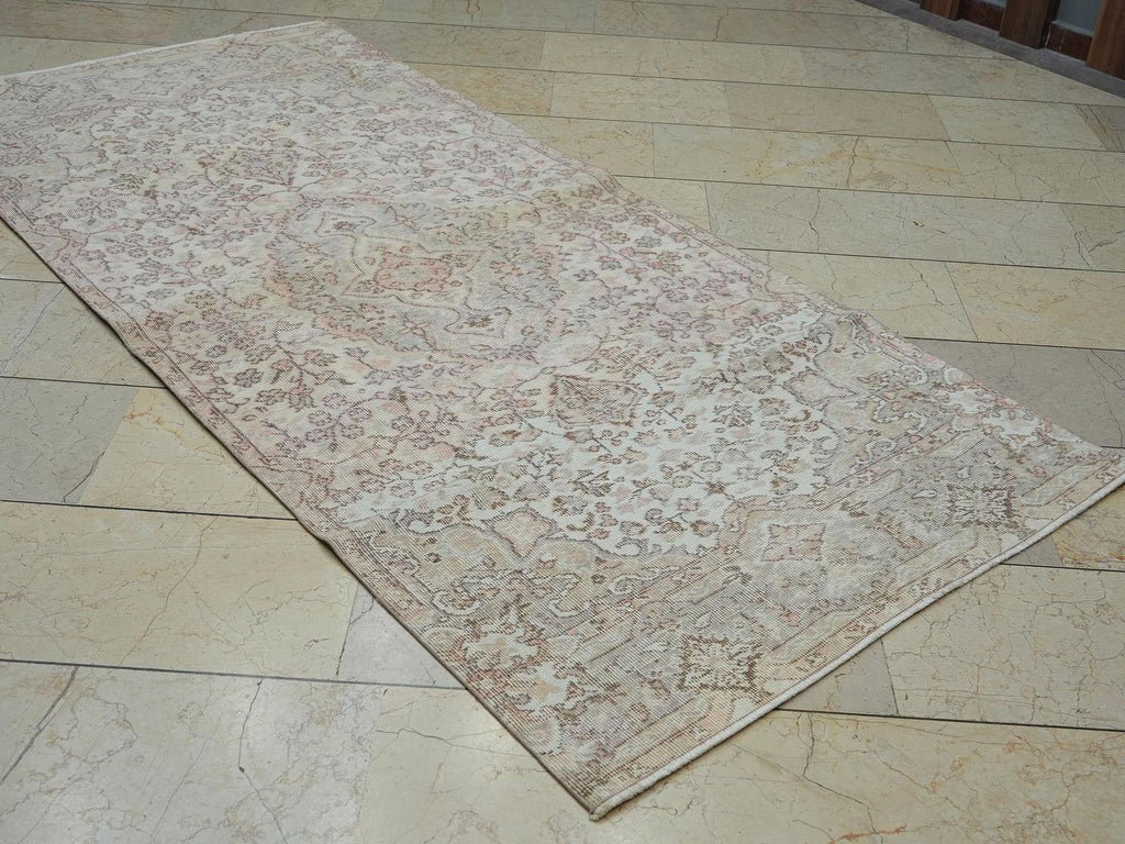 Vintage Handmade Oushak Rug Runner: 3,6x8 Feet,Beige Gray Wool Turkish Rugs.