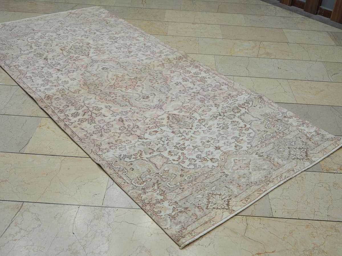 Vintage Handmade Oushak Rug Runner: 3,6x8 Feet,Beige Gray Wool Turkish Rugs.