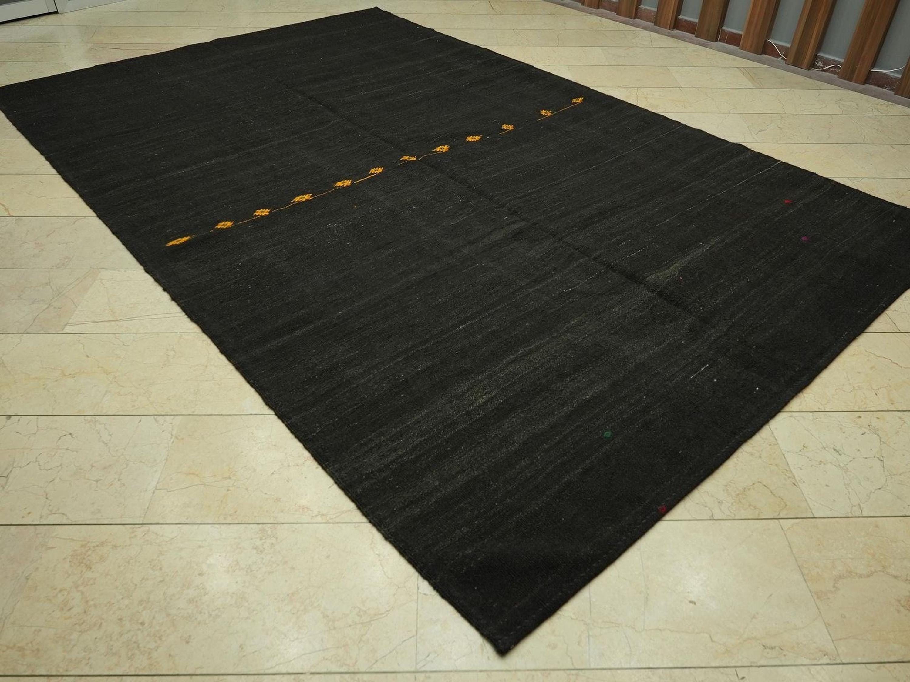 Natural Plain Dark Brown Goat Hair Kilim Rug: 7.2x11.3 Feet,Large Turkish Flat-Weave Rugs.