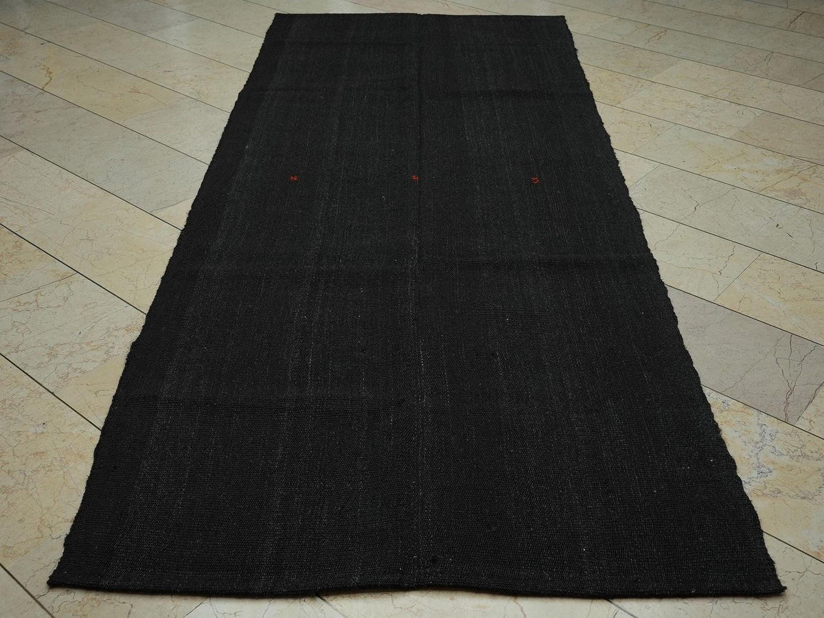 Vintage Striped Goat Hair Kilim Rug: Dark Brown Flat Woven Rugs 4.2x10 ft