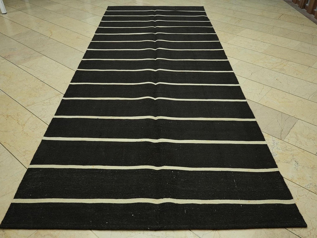 Vintage Flat Weave Natural Goat Hair Kilim Rug,4.9x12.3 Feet,Long Black & White Rugs.