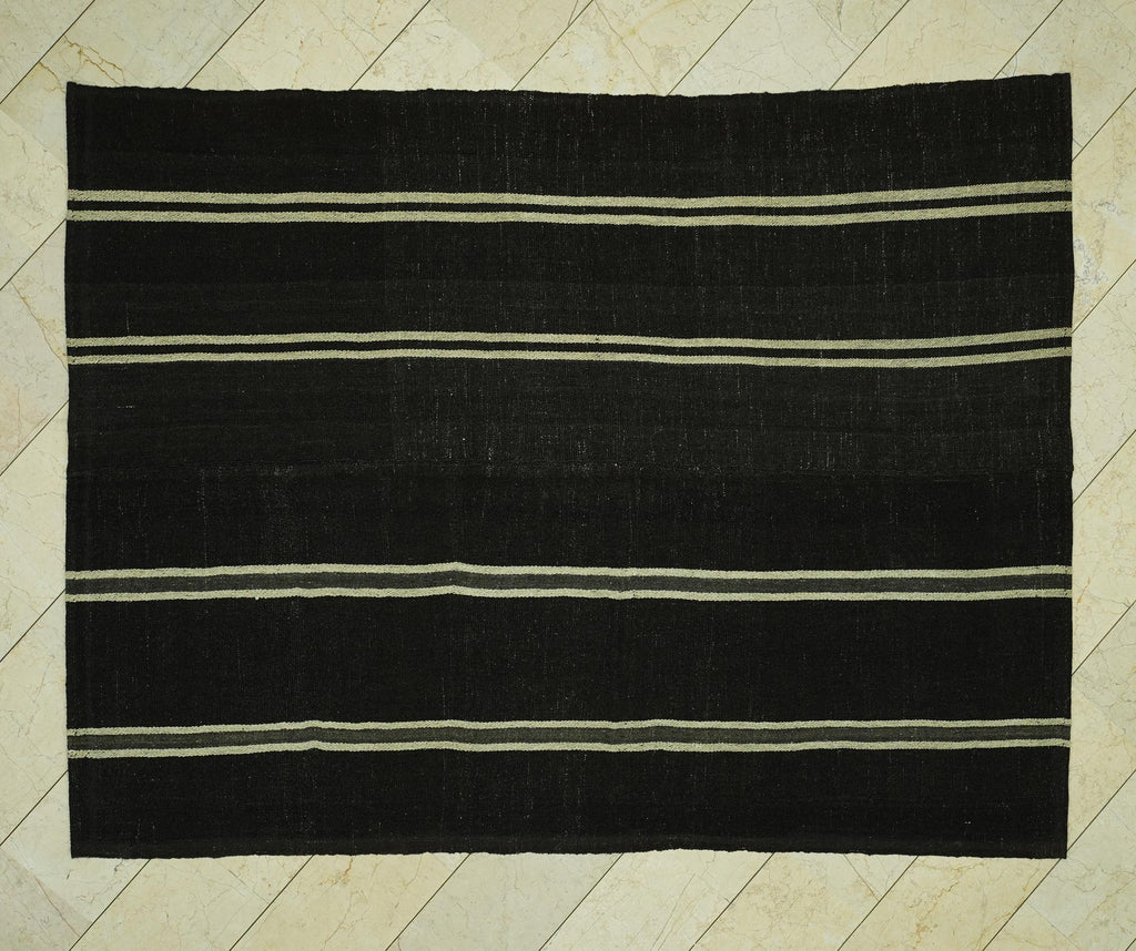Vintage Striped Natural Goat Hair Kilim Rug: 6.5x8.6 Feet,Dark Brown Turkish Rugs.