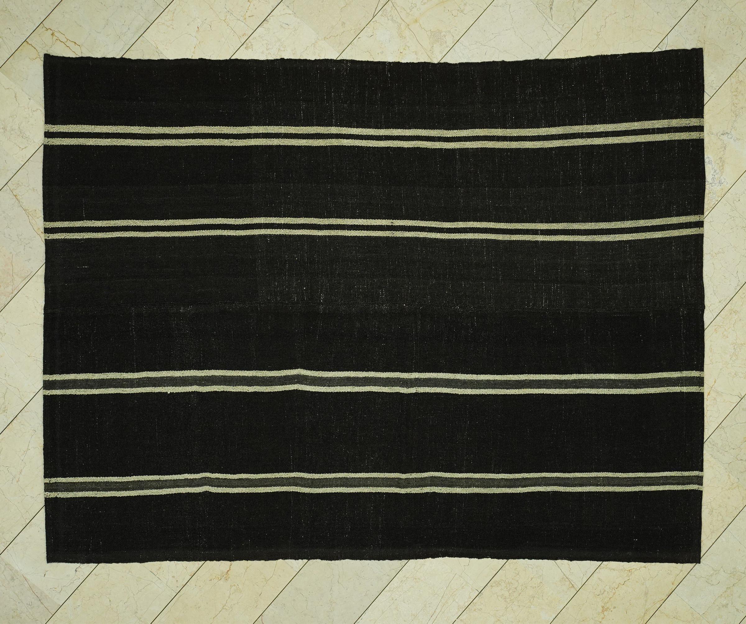 Vintage Striped Natural Goat Hair Kilim Rug: 6.5x8.6 Feet,Dark Brown Turkish Rugs.