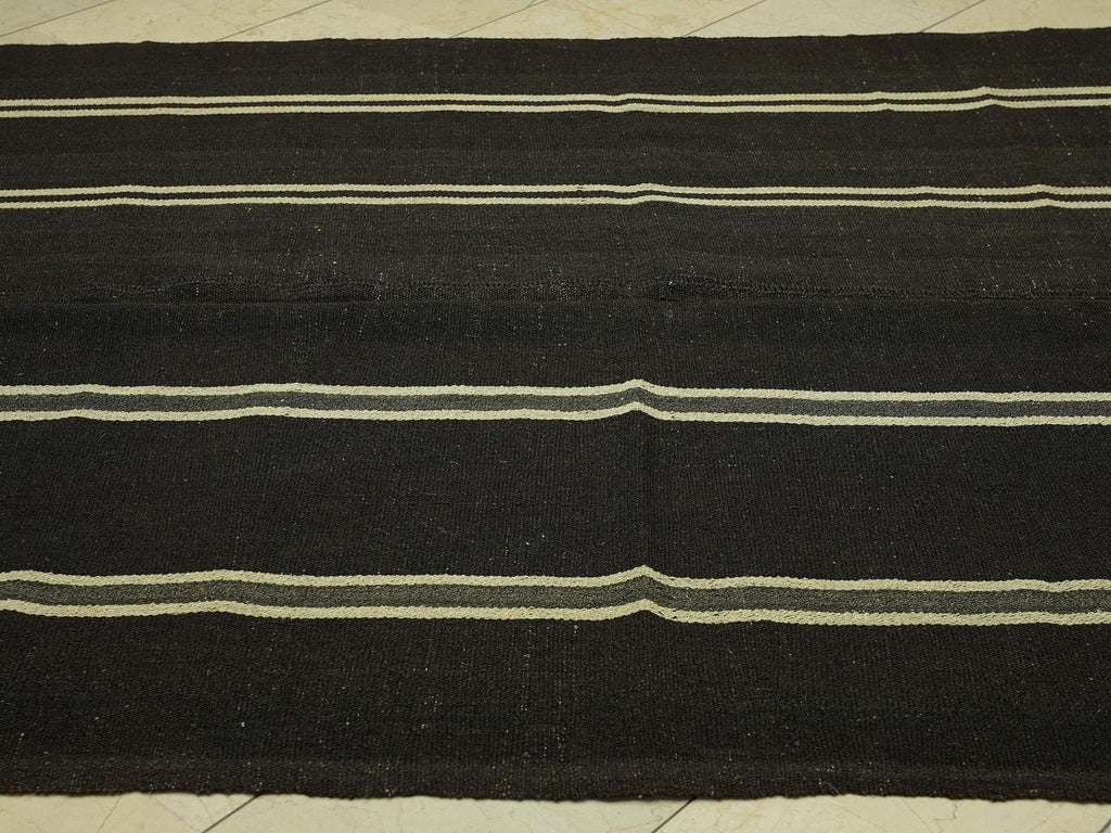Vintage Striped Natural Goat Hair Kilim Rug: 6.5x8.6 Feet,Dark Brown Turkish Rugs.