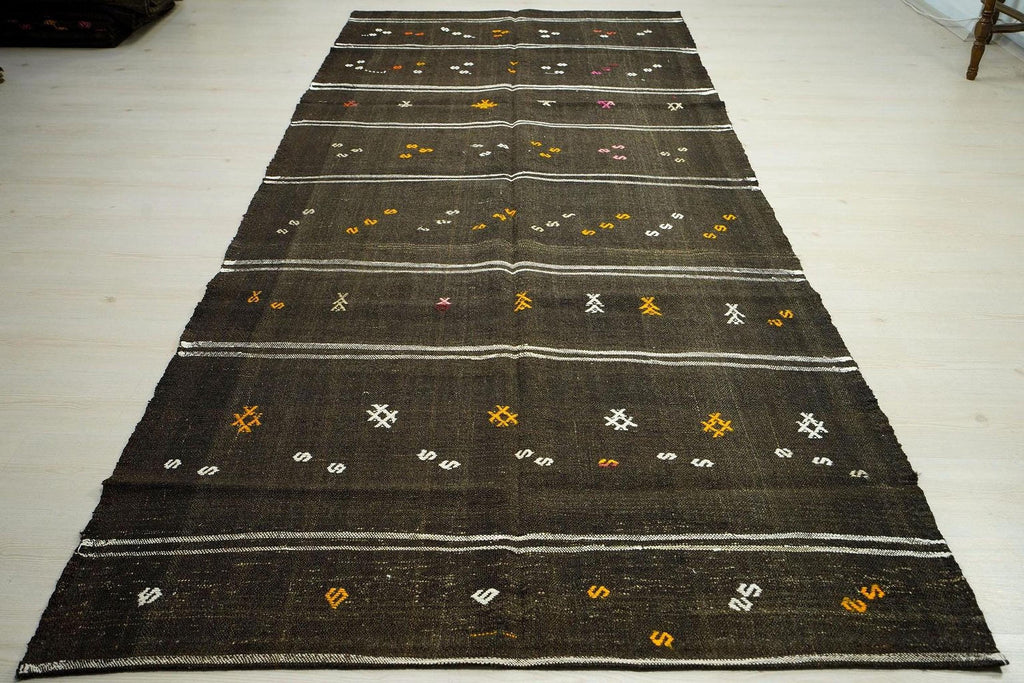 Brown Striped Kilim Rug: 4.9x11 ft, Turkish Farmhouse Decor