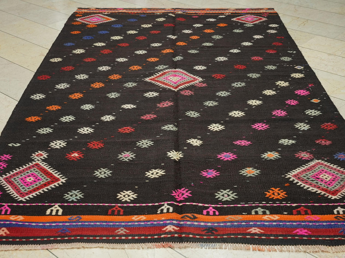 Goat Hair Kilim Rug: 6x9 Brown Turkish Rugs, Mid-Century Modern