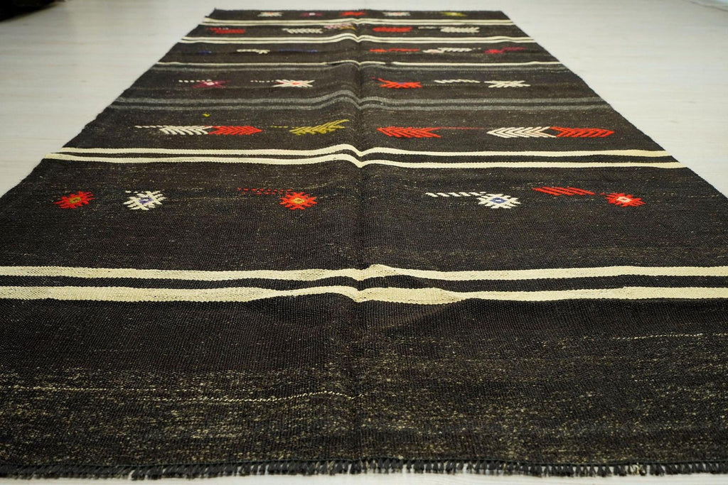 Vintage Goat Wool Kilim Rug: Striped Flat Weave, Mid-Century Modern (4.7x10.3 ft)