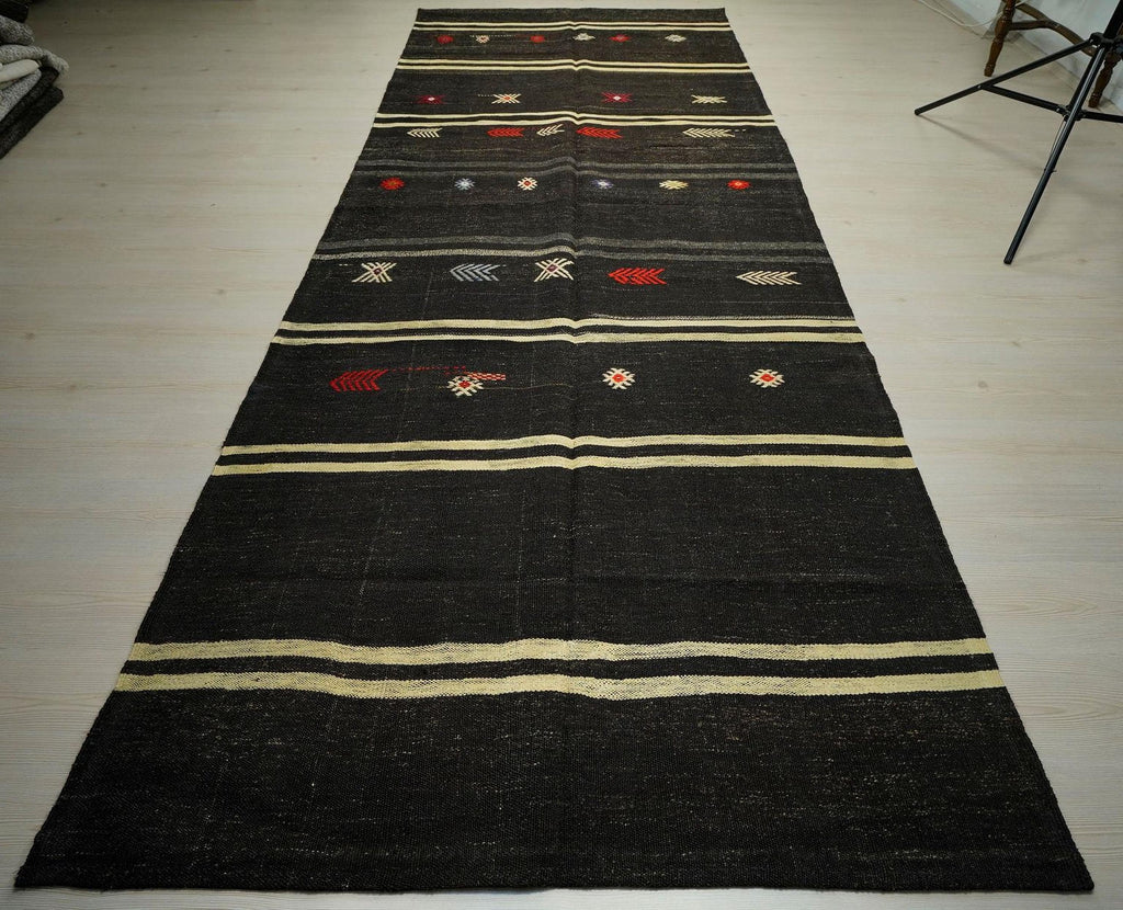 Vintage Goat Hair Kilim Rug: 5x13 Dark Brown Striped Flat Weave