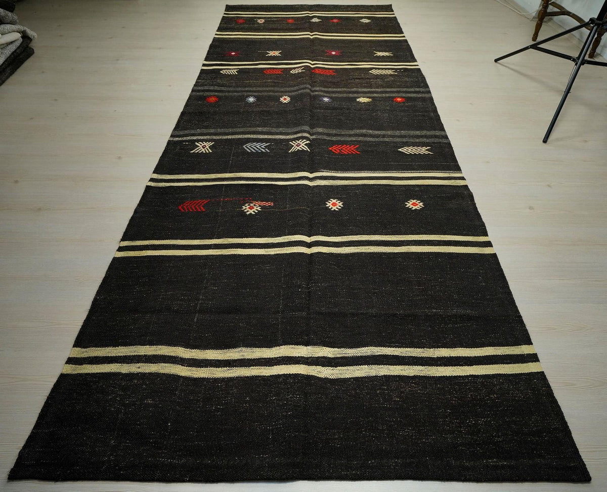 Vintage Goat Hair Kilim Rug: 5x13 Dark Brown Striped Flat Weave