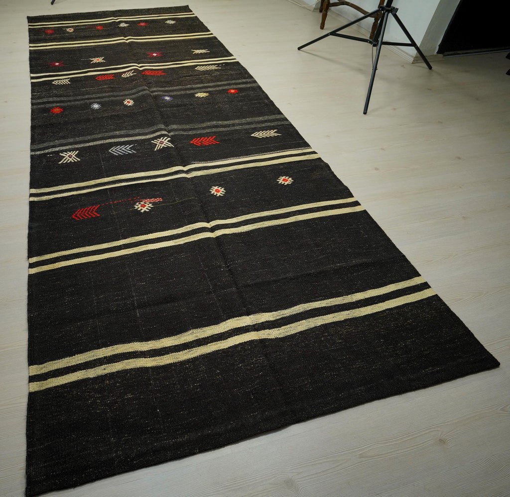 Vintage Goat Hair Kilim Rug: 5x13 Dark Brown Striped Flat Weave