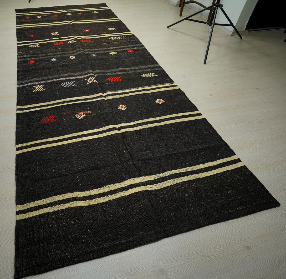 Vintage Goat Hair Kilim Rug: 5x13 Dark Brown Striped Flat Weave