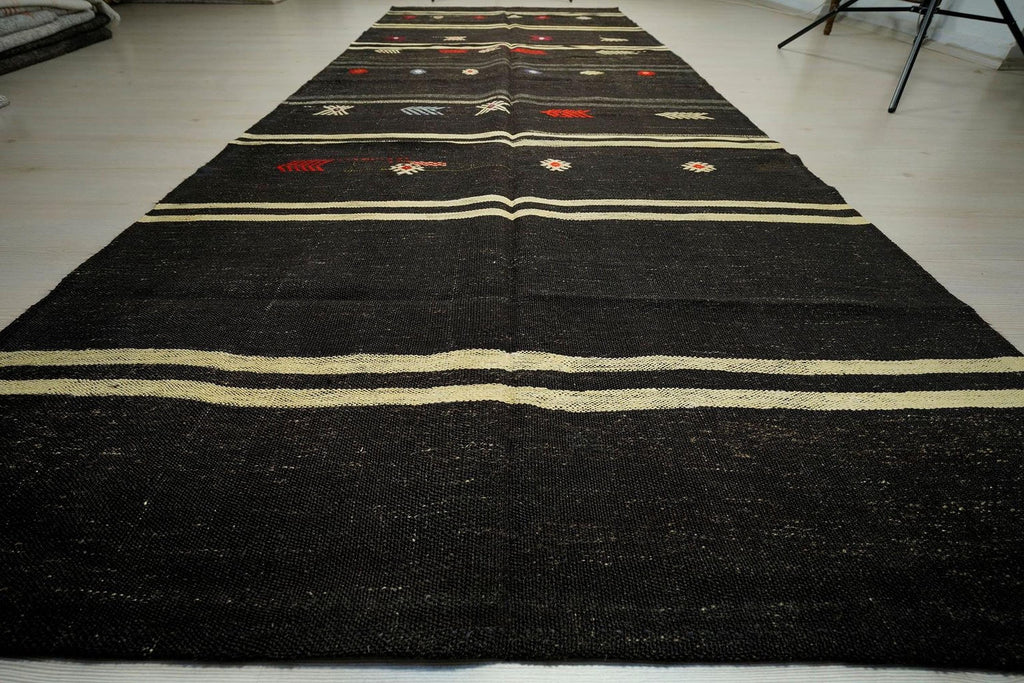 Vintage Goat Hair Kilim Rug: 5x13 Dark Brown Striped Flat Weave