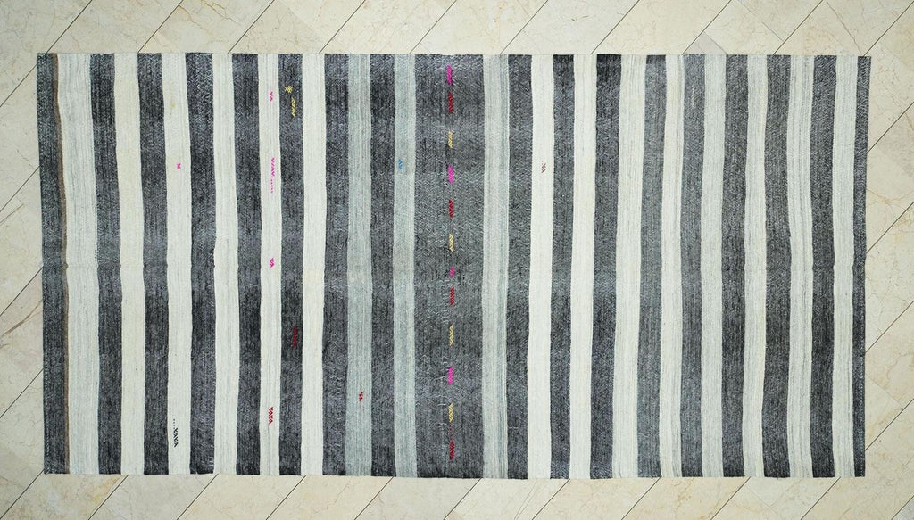Goat Hair Kilim Rug: 6.3x12.3 ft, Stripe Flat Weave, Mid Century Modern Rugs.