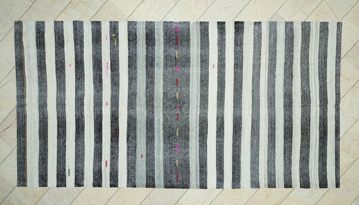 Goat Hair Kilim Rug: 6.3x12.3 ft, Stripe Flat Weave, Mid Century Modern Rugs.