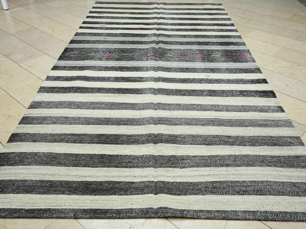 Goat Hair Kilim Rug: 6.3x12.3 ft, Stripe Flat Weave, Mid Century Modern Rugs.
