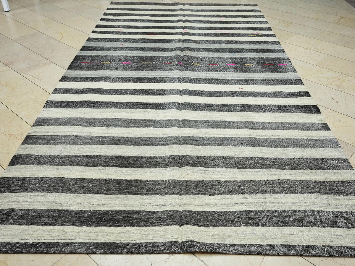 Goat Hair Kilim Rug: 6.3x12.3 ft, Stripe Flat Weave, Mid Century Modern Rugs.