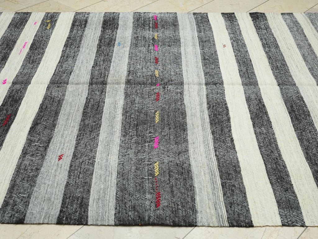 Goat Hair Kilim Rug: 6.3x12.3 ft, Stripe Flat Weave, Mid Century Modern Rugs.