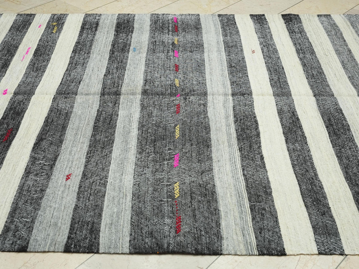 Goat Hair Kilim Rug: 6.3x12.3 ft, Stripe Flat Weave, Mid Century Modern Rugs.