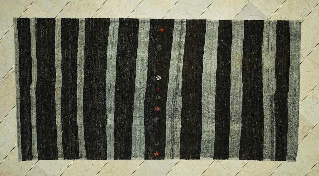 Mid Century Modern: Dark Brown & Gray Striped Natural Goat Hair Kilim Rug,5.3x10.6 Feet.
