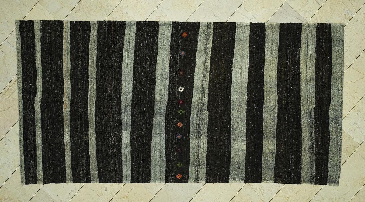 Mid Century Modern: Dark Brown & Gray Striped Natural Goat Hair Kilim Rug,5.3x10.6 Feet.
