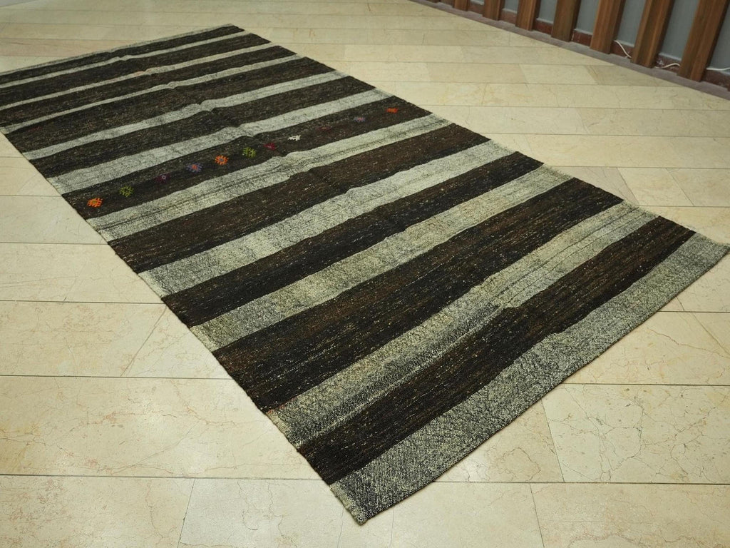 Mid Century Modern: Dark Brown & Gray Striped Natural Goat Hair Kilim Rug,5.3x10.6 Feet.