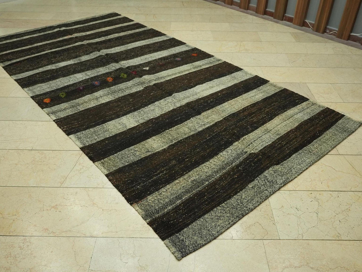 Mid Century Modern: Dark Brown & Gray Striped Natural Goat Hair Kilim Rug,5.3x10.6 Feet.