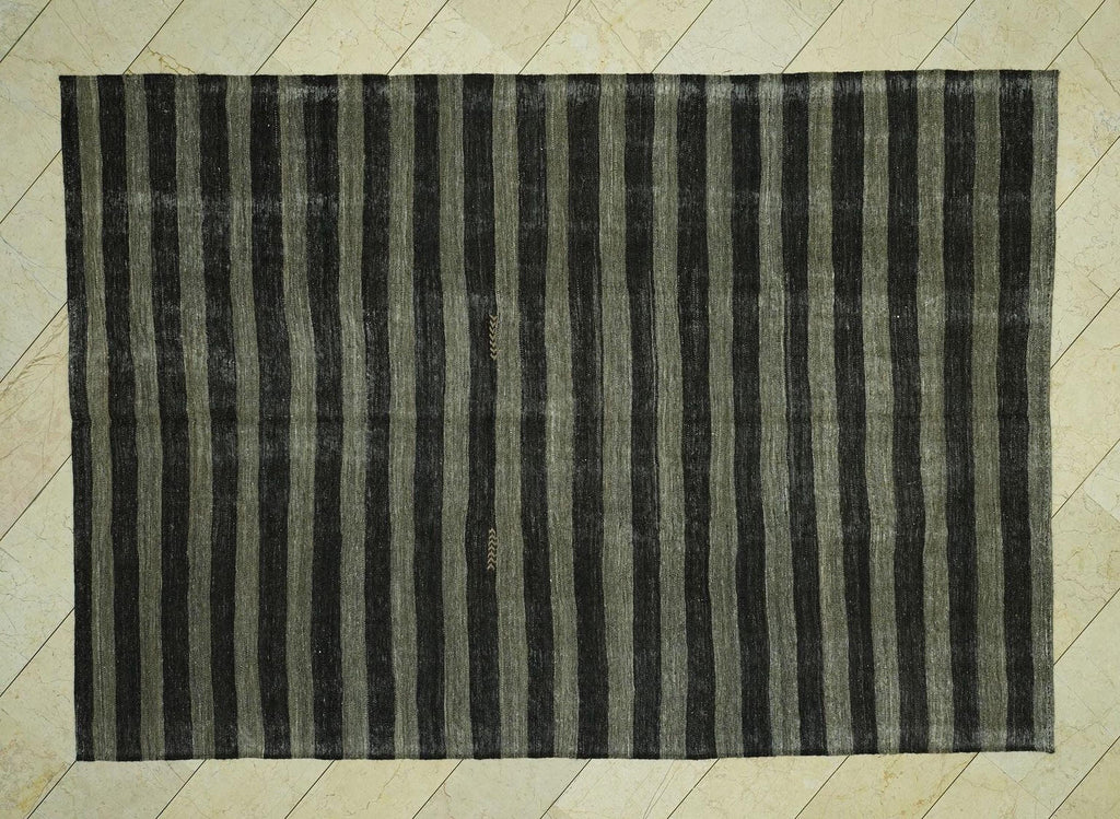 7x10 Dark Brown & Gray Striped Natural Goat Hair Kilim Rug,Mid Century Modern Rugs.
