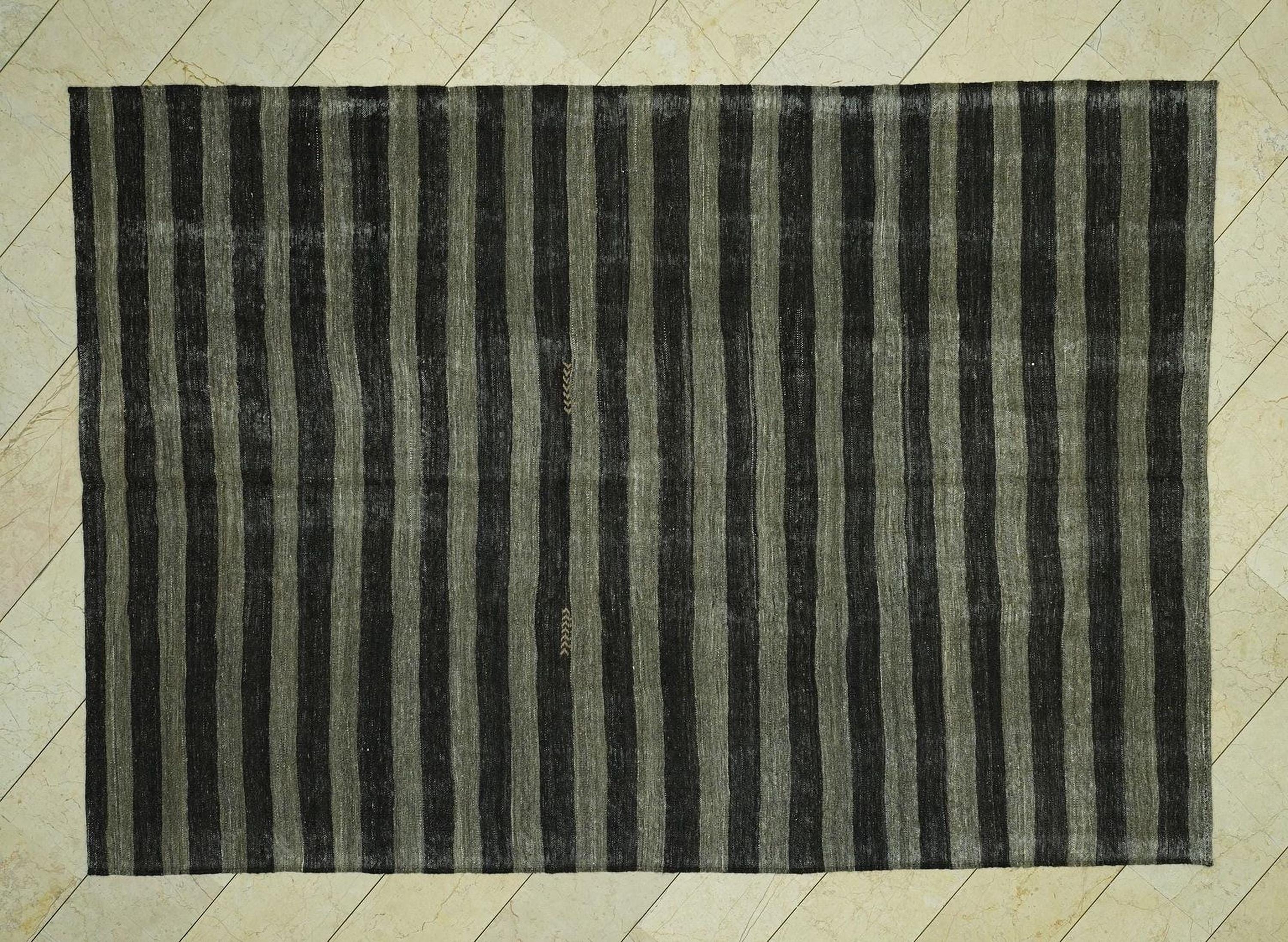 7x10 Dark Brown & Gray Striped Natural Goat Hair Kilim Rug,Mid Century Modern Rugs.