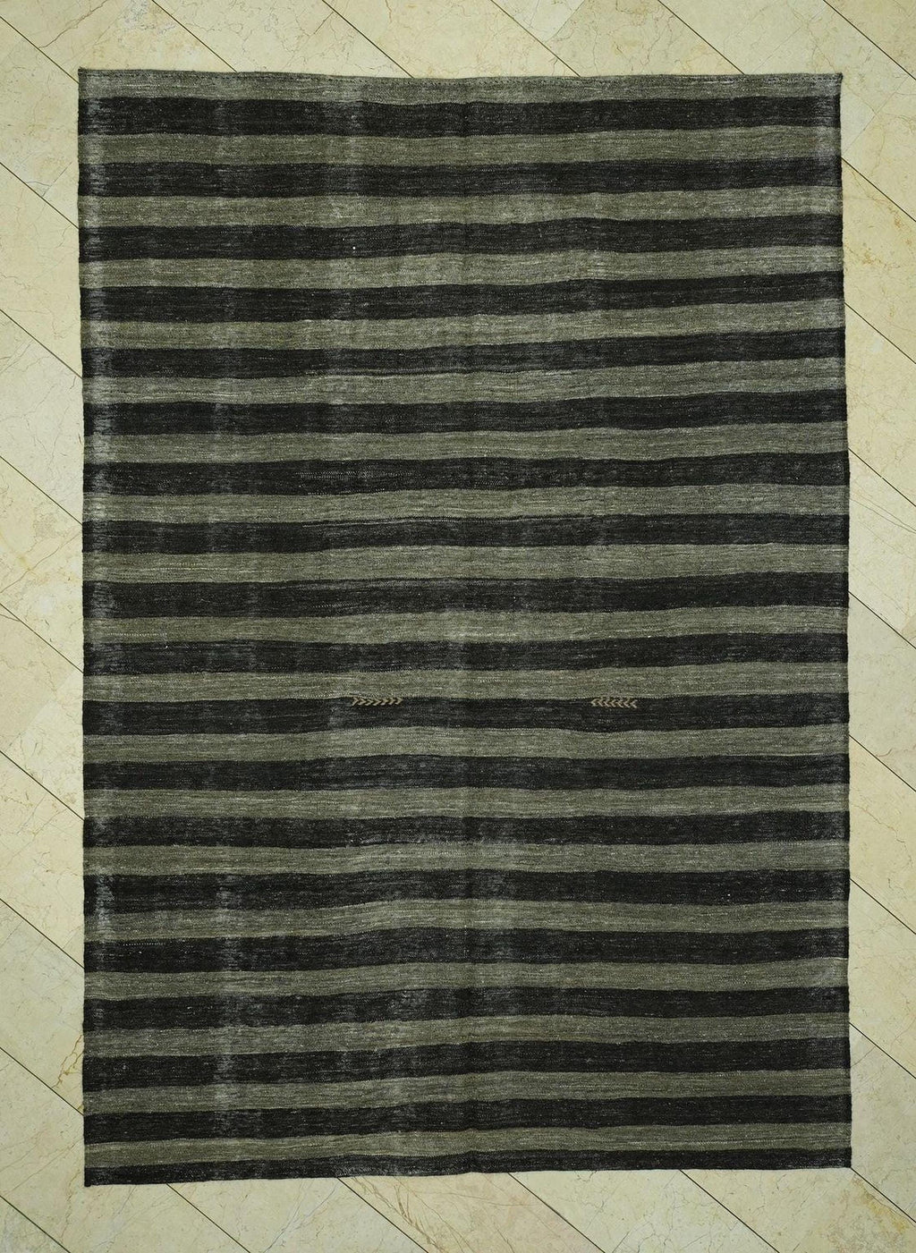 7x10 Dark Brown & Gray Striped Natural Goat Hair Kilim Rug,Mid Century Modern Rugs.