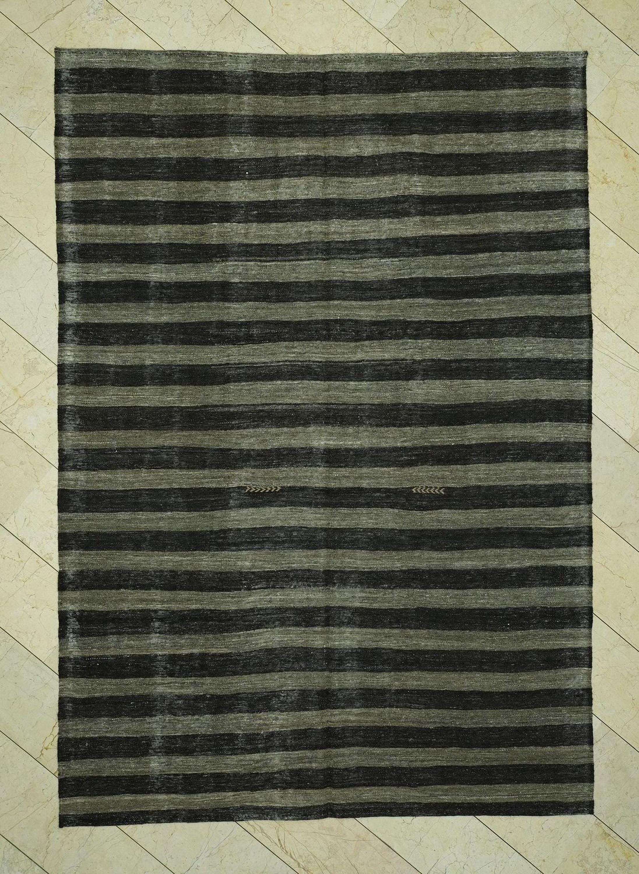 7x10 Dark Brown & Gray Striped Natural Goat Hair Kilim Rug,Mid Century Modern Rugs.