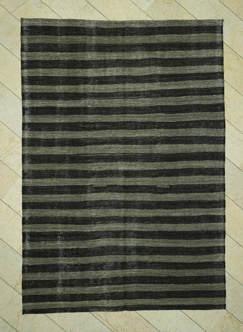 7x10 Dark Brown & Gray Striped Natural Goat Hair Kilim Rug,Mid Century Modern Rugs.