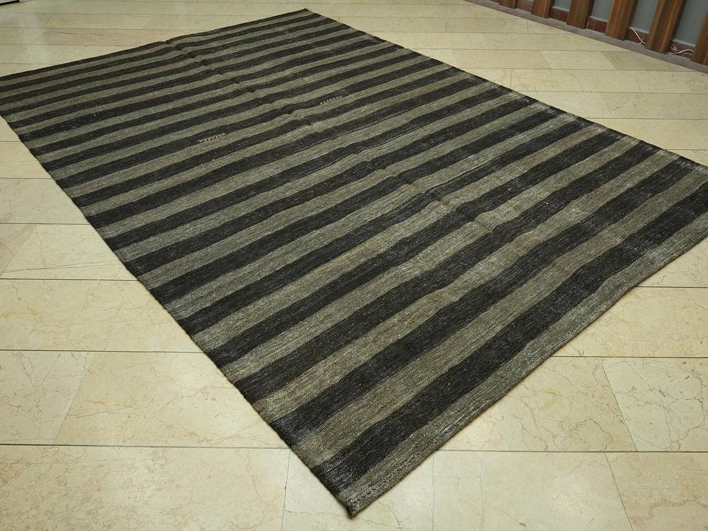 7x10 Dark Brown & Gray Striped Natural Goat Hair Kilim Rug,Mid Century Modern Rugs.
