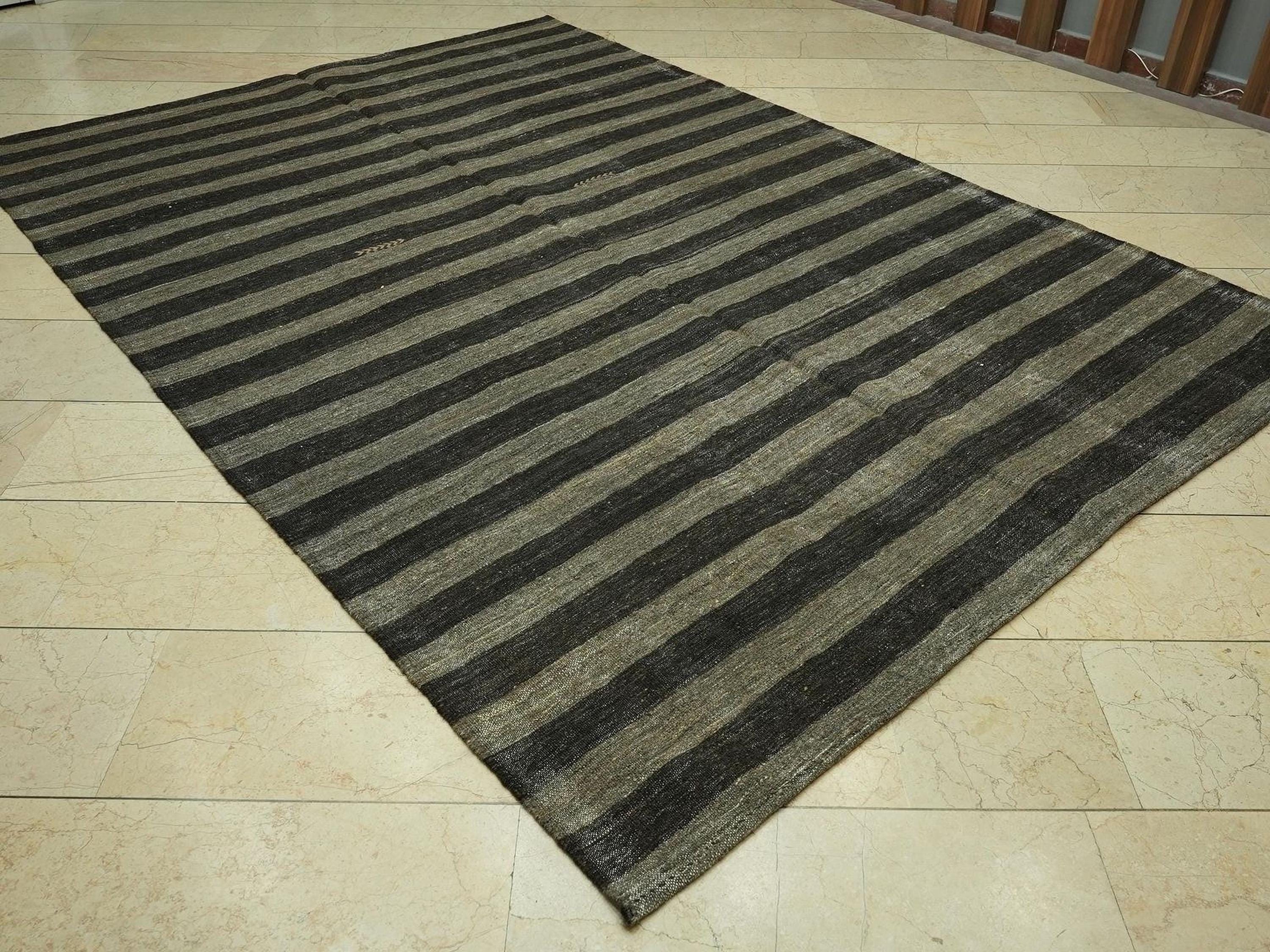 7x10 Dark Brown & Gray Striped Natural Goat Hair Kilim Rug,Mid Century Modern Rugs.