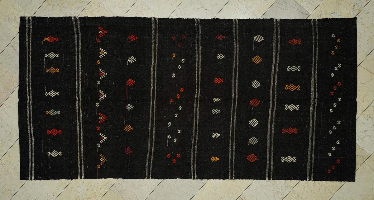 Vintage Goat Hair Kilim Rug: 4.7x9.8 ft Gray Stripe, Minimalist Decor