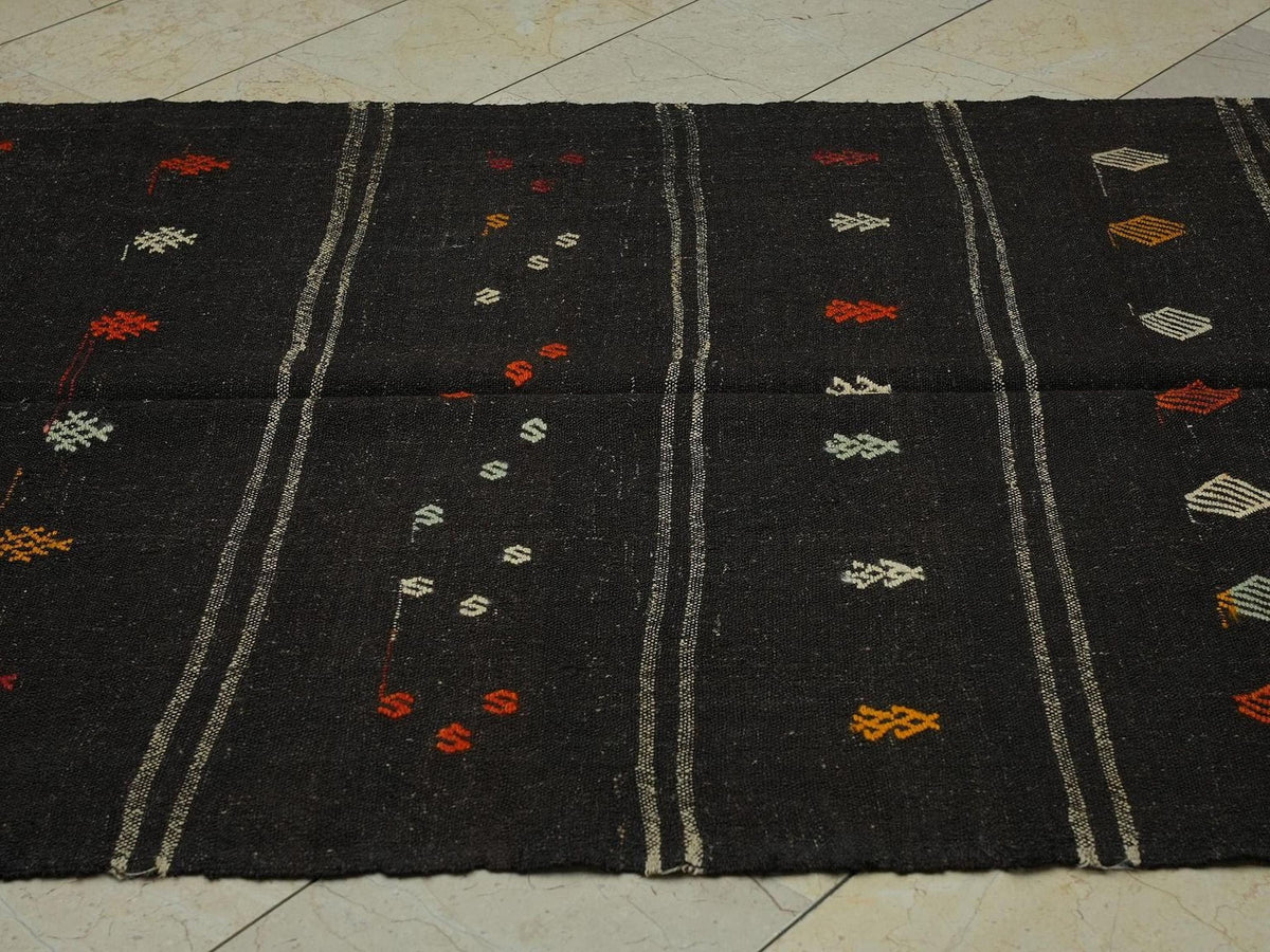 Vintage Goat Hair Kilim Rug: 4.7x9.8 ft Gray Stripe, Minimalist Decor