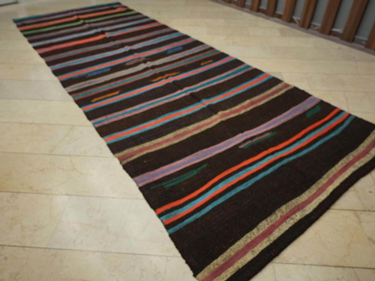 Mid Century Modern Brown Goat Hair Kilim Rug 5.2x13.9 Ft.