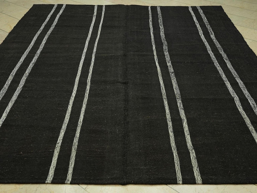 8x10 Dark Brown & White Striped Natural Goat Hair Kilim Rug:Flat Woven Turkish Rugs.