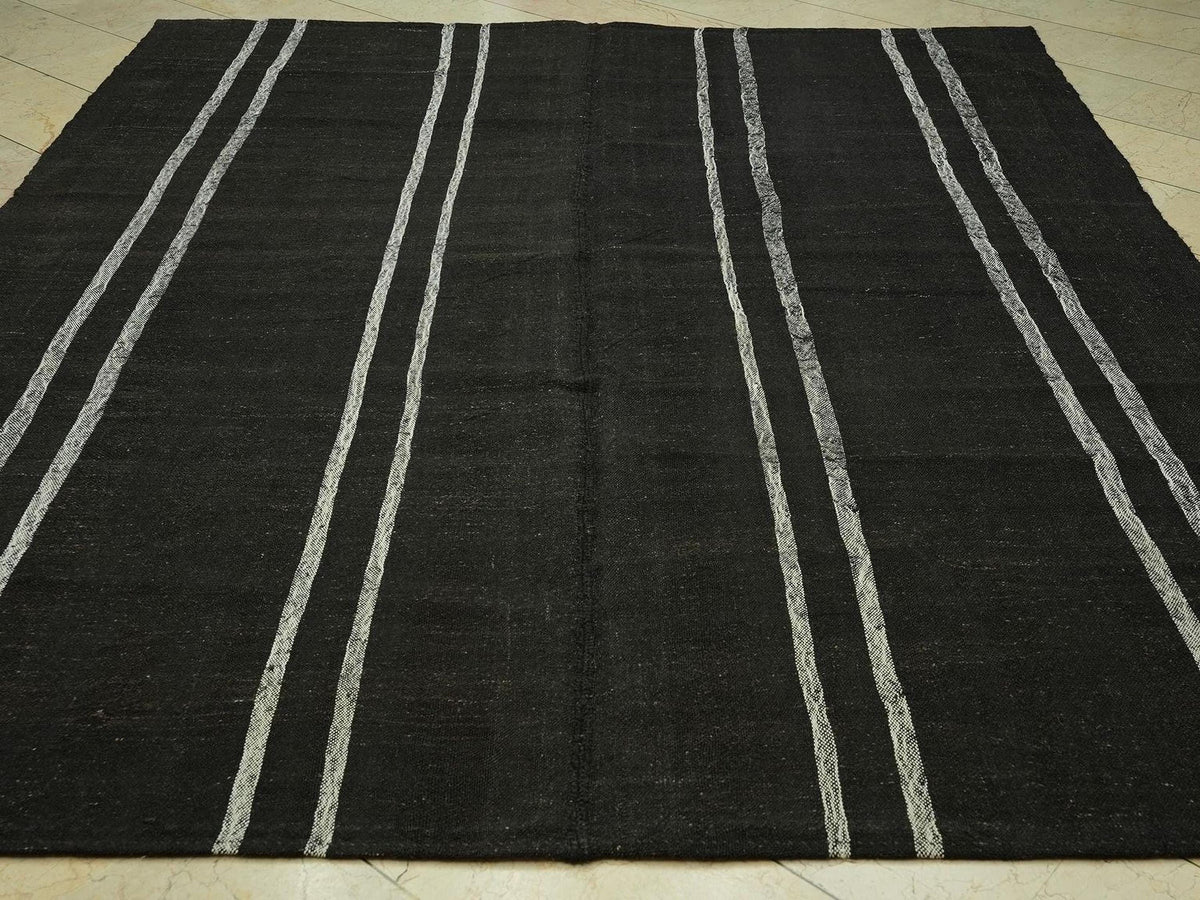 8x10 Dark Brown & White Striped Natural Goat Hair Kilim Rug:Flat Woven Turkish Rugs.