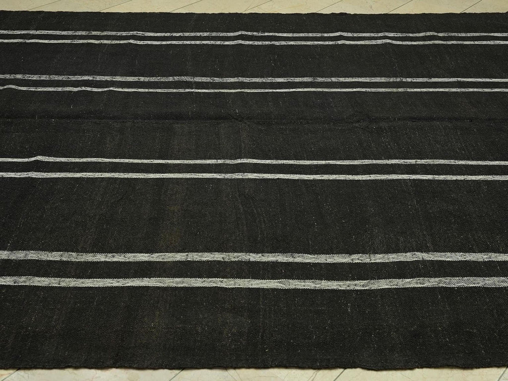 8x10 Dark Brown & White Striped Natural Goat Hair Kilim Rug:Flat Woven Turkish Rugs.
