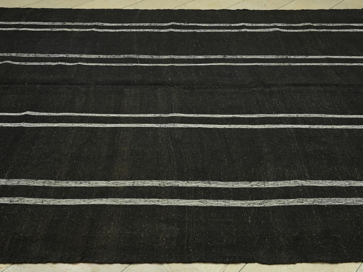 8x10 Dark Brown & White Striped Natural Goat Hair Kilim Rug:Flat Woven Turkish Rugs.