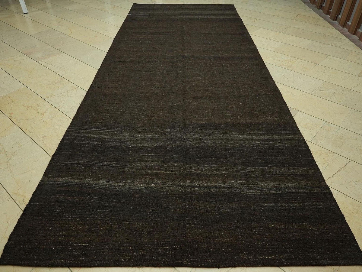 Vintage Dark Brown Goat Hair Kilim Rug - 5.4x13.9 Feet,Flat Weave Turkish Rugs.