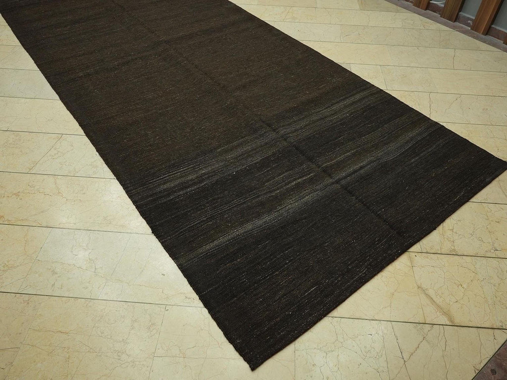Vintage Dark Brown Goat Hair Kilim Rug - 5.4x13.9 Feet,Flat Weave Turkish Rugs.