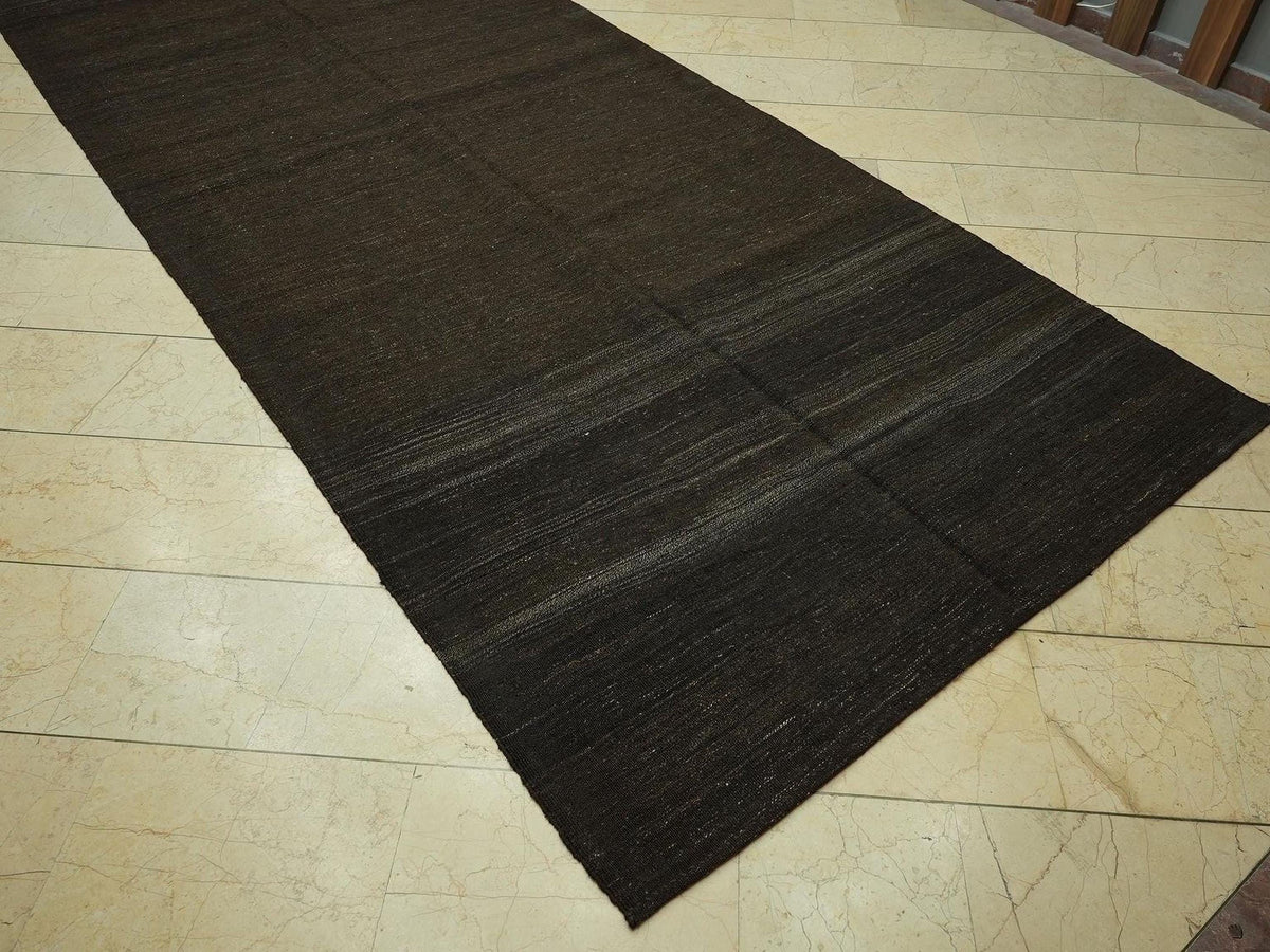Vintage Dark Brown Goat Hair Kilim Rug - 5.4x13.9 Feet,Flat Weave Turkish Rugs.