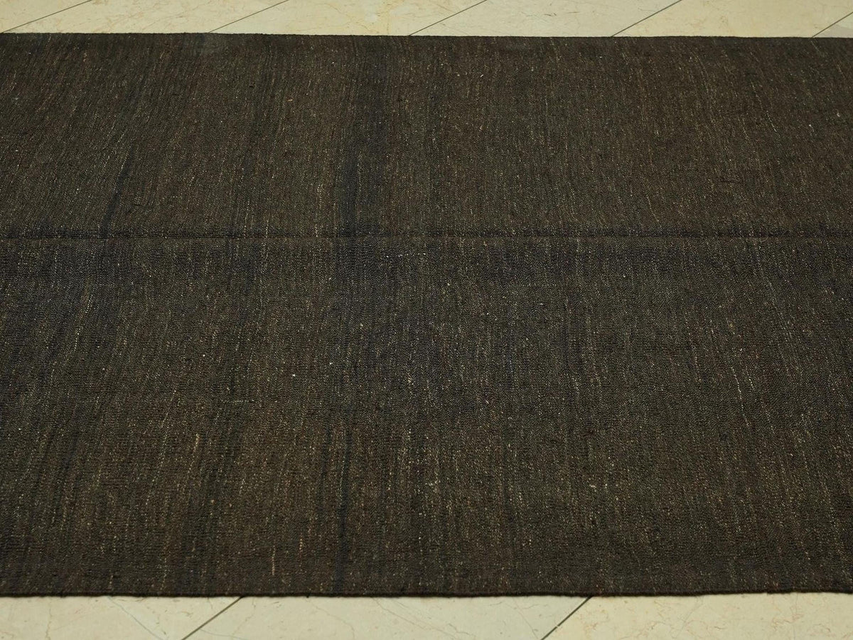 Vintage Dark Brown Goat Hair Kilim Rug - 5.4x13.9 Feet,Flat Weave Turkish Rugs.