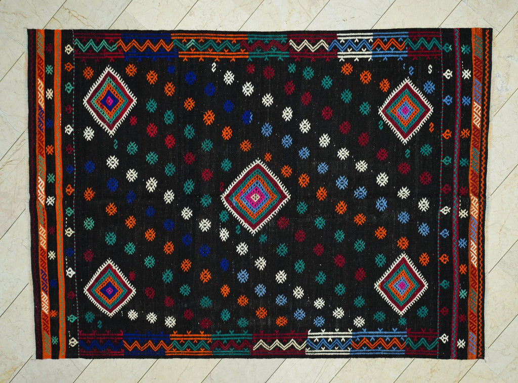 Large Goat Hair Kilim Rug: Turkish Flat Weave, Dark Brown Rugs, 6.6x9.2 Ft.
