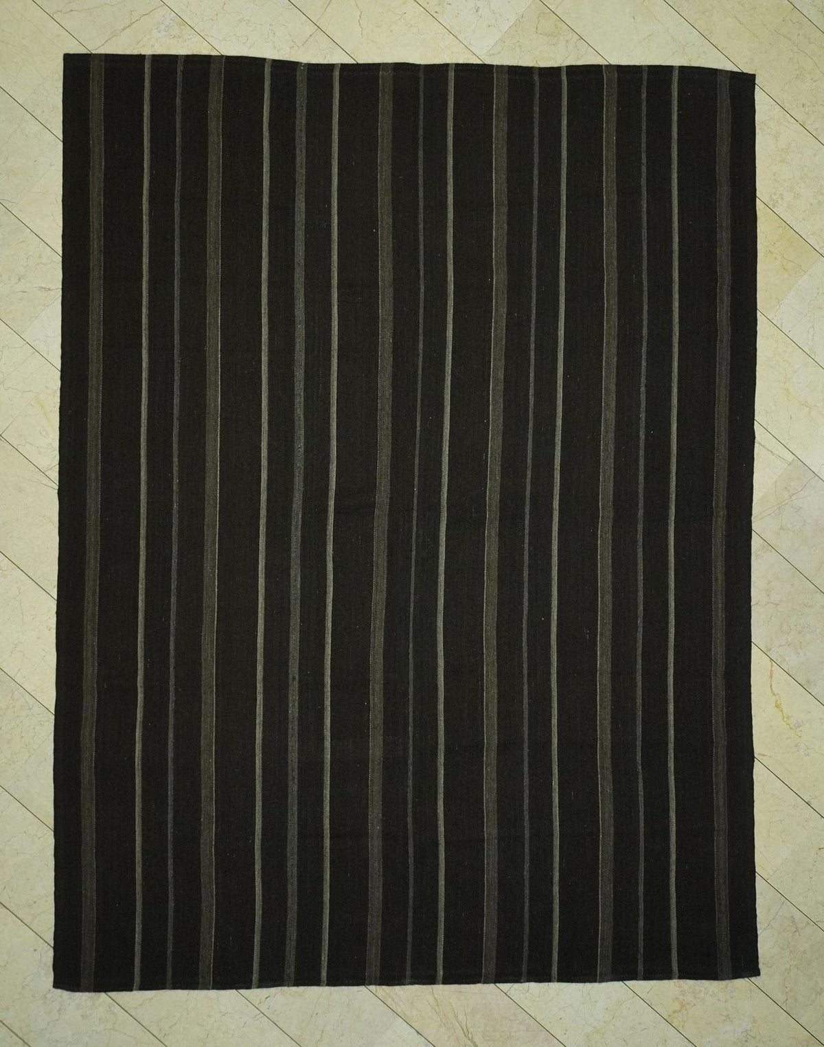 Oversize Dark Brown & Gray Striped Kilim Rug: 8.2"x10.7" Feet,Turkish Goat Hair Rugs.