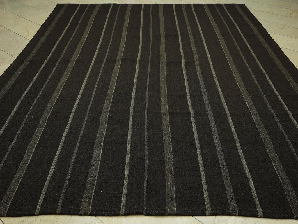 Oversize Dark Brown & Gray Striped Kilim Rug: 8.2"x10.7" Feet,Turkish Goat Hair Rugs.