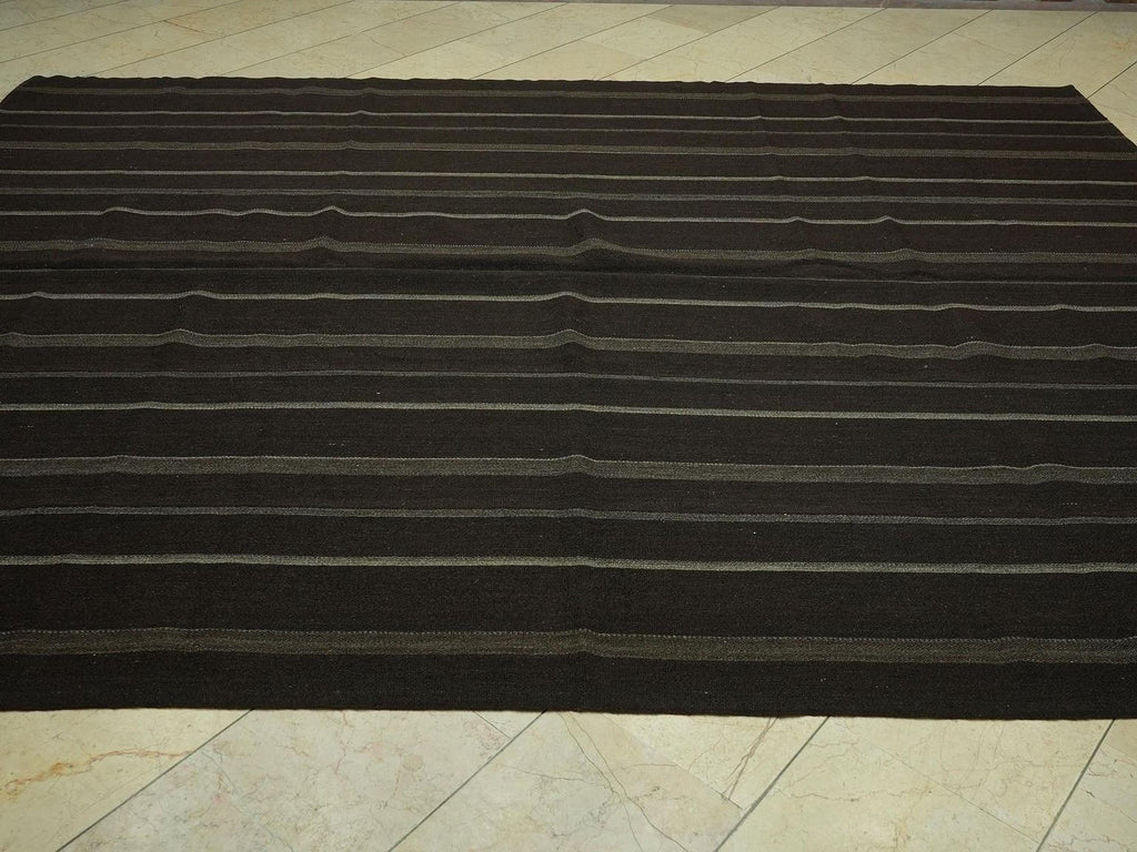 Oversize Dark Brown & Gray Striped Kilim Rug: 8.2"x10.7" Feet,Turkish Goat Hair Rugs.