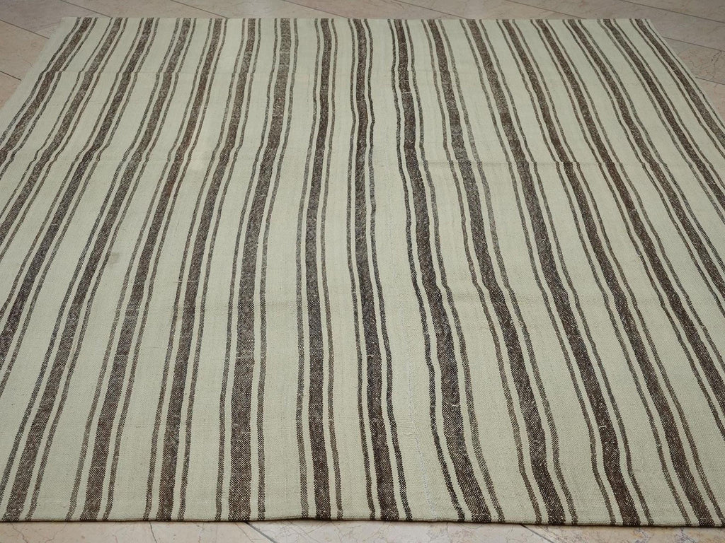 Brown Striped Beige - Natural Wool Turkish Rug,7,5x8,7 Ft,Bohemian Style Home Living Kilim.